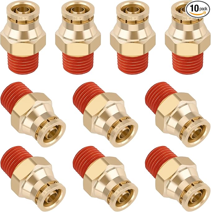 3/8" Quick Push to Connect Fittings Brass Union Straight Joint DOT Approved 3/8" Tube OD x 1/4" NPT Thread Air Line Adapter Air Suspension Kit for Truck Trailers and Air Brake System 10pcs