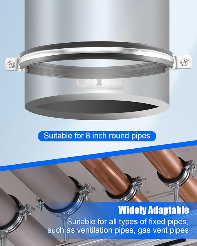 2 Pcs 8 Inch Adjustable Pipe Bracket, Split Ring Pipe Hanger, Heavy Duty B Vent Wall Strap Round Gas Vent Strap, Chimney Support Mount with Mounting Screws Anti-Slip Pads