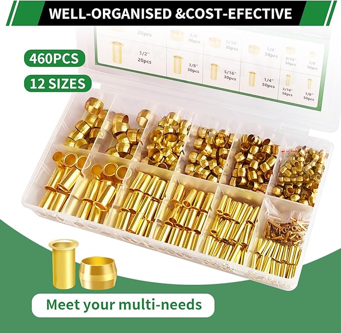 460pcs Brass Compression Sleeves Ferrules Inserts Fittings Assortment Kit, 1/2" 3/8" 5/16" 1/4" 3/16" 1/8" 6 Sizes Hose Repair Kit of Air Water Fuel Oil Gas Tube Lines