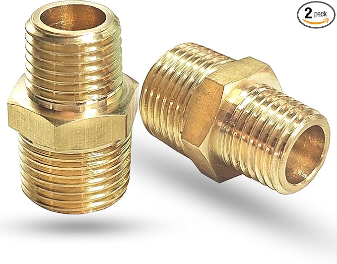 2PCS NPT Male Threaded Reducing Nipple Pipe Fitting Adapter, Brass Hex Nipple Reducer, Heavy Duty Pipe Reducer Straight Connector (3/8" x 1/4")