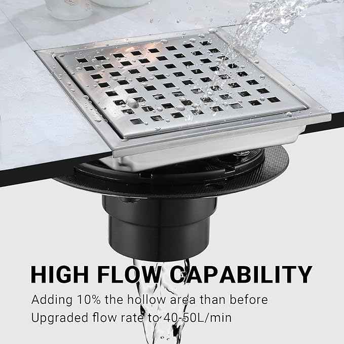 4 Inch Square Shower Floor Drain, Stainless Steel Black Shower Drain Kit with Flange, Floor Drain with Removable Grid Cover,Brushed Nickel (Brushed Nickel, 4 inch)