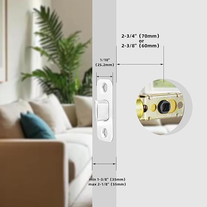 Polished Chrome Adjustable Door Latch 60 or 70mm, 45° Turning Angle, Door Lock Replacement Parts with Door Strike Plate, Wood Dowel, Dust-Boxes