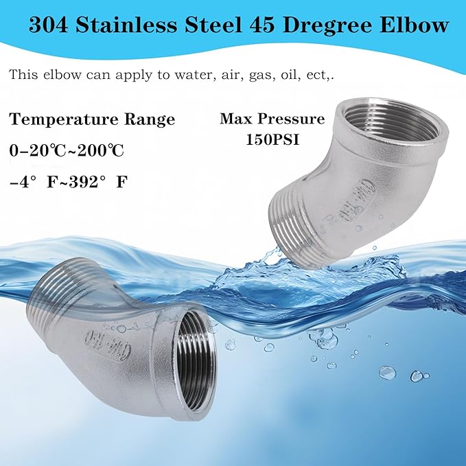 1PCS 304 Stainless Steel 45 Degree Elbow, 1-1/4" NPT Male Pipe to 1-1/4" NPT Female Coupler, Heavy Duty Forged Street Elbow Adapter Pipe Fittings, Class 150