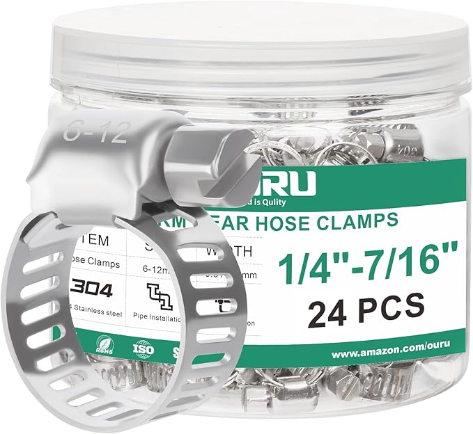24PCS Hose Clamps Stainless Steel Adjustable 1/4"– 7/16"(6-12mm) Worm Gear Hose Clamp, Heavy Duty Metal Small Hose Clamps for Automotive, Pipe, Radiator Plumbing, Fuel Line