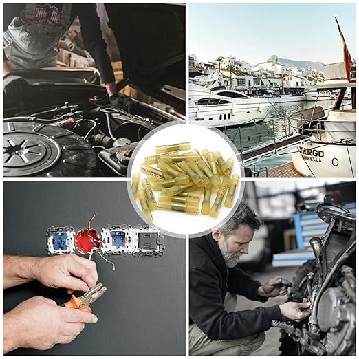100 Pcs Yellow Heat Shrink Butt Connectors, 12-10 AWG Waterproof Crimp Terminals Electrical Wire Connectors Splice for Marine, Cable, Wiring Tool, Automotive