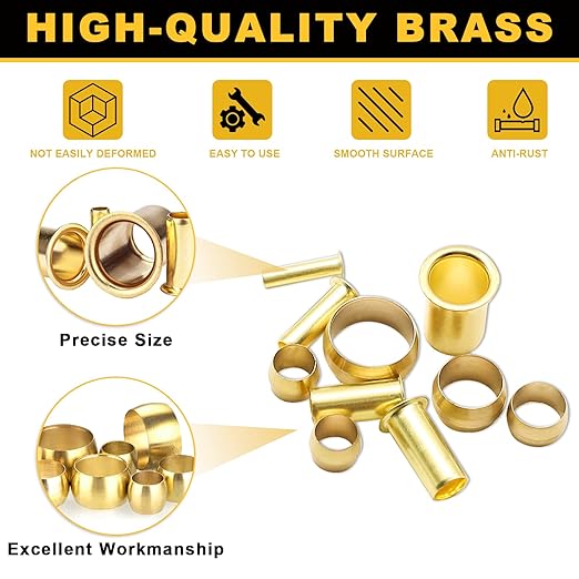 Siptenk 180PCS Brass Compression Sleeves Ferrules & Inserts Tube OD 1/2" 3/8" 5/16" 1/4" 3/16", 5 Sizes Tubing Insert Brass Ferrule Kit for DOT Air Brake LIne Fittings