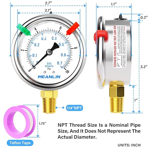 MEANLIN MEASURE 0~10Psi Liquid Filled Pressure Gauge 1/4" NPT 2.5" FACE DIAL Stainless Steel Glycerin Filled WOG Water Oil Air Lower Mount (with 2PCS Snaps)