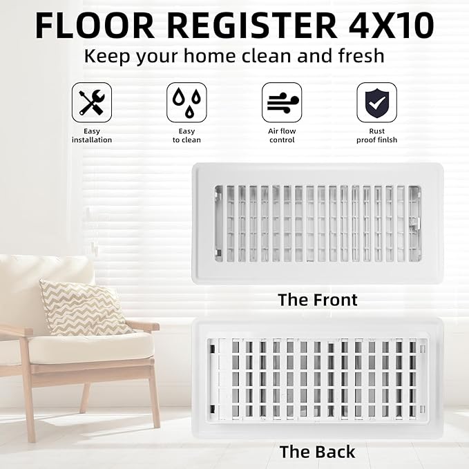 Floor Register 4x10, 4 Pack Floor Vent Covers for Home Floor Heavy Duty Steel Panel Walkable Floor Grates Adjustable Air Vent Covers 4" x 10" Floor Vent, White