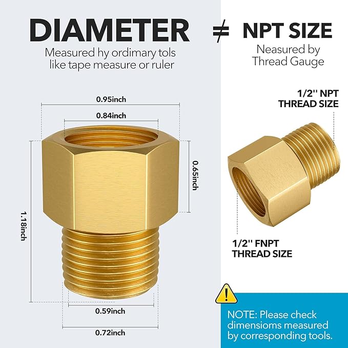 3PCS Brass Pipe Fitting, 1/2" Female x 1/2" Male NPT Thread Brass Hex, Adaptor 1200psi High Pressure