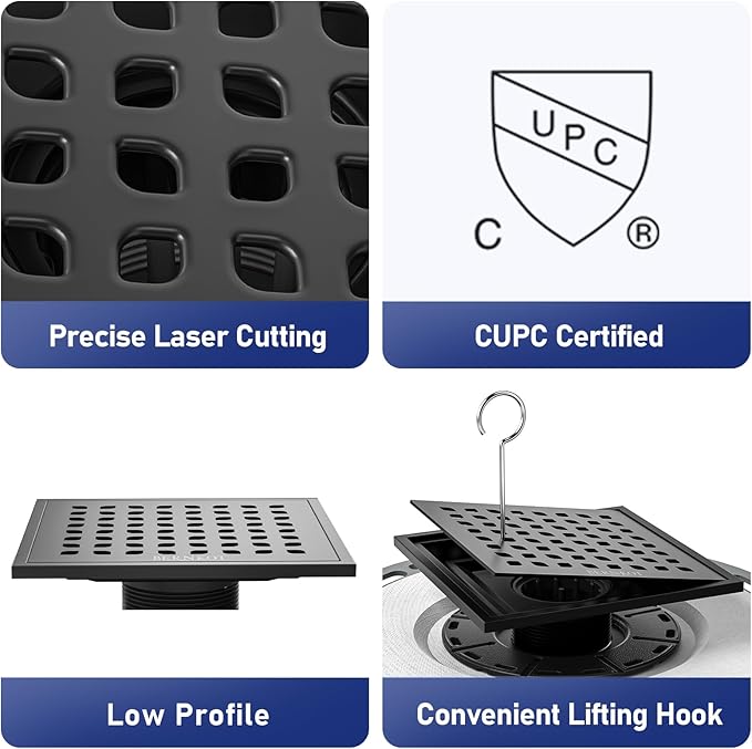 Square Shower Drain, 6" Matte Black with PVC Bonding Flange Base 304 Stainless Steel Drain Grate Removable with Stainless Drain Key for Low Profile Shower Tiles, CUPC Certified