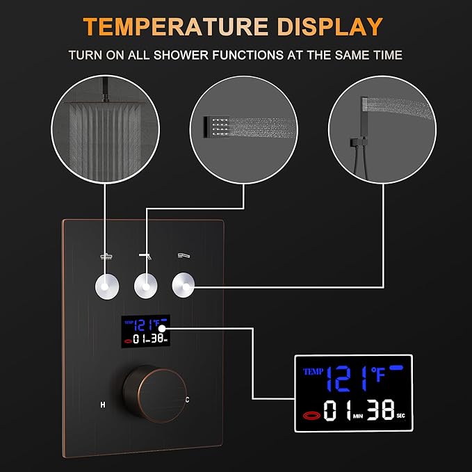 AYIVG Oil Rubbed Bronze Thermostatic MIxing Valve 3 Way Shower Diverter Valve Temperature Display Concealed Shower Flow Control Valve or Bathroom Shower System Can Run Together