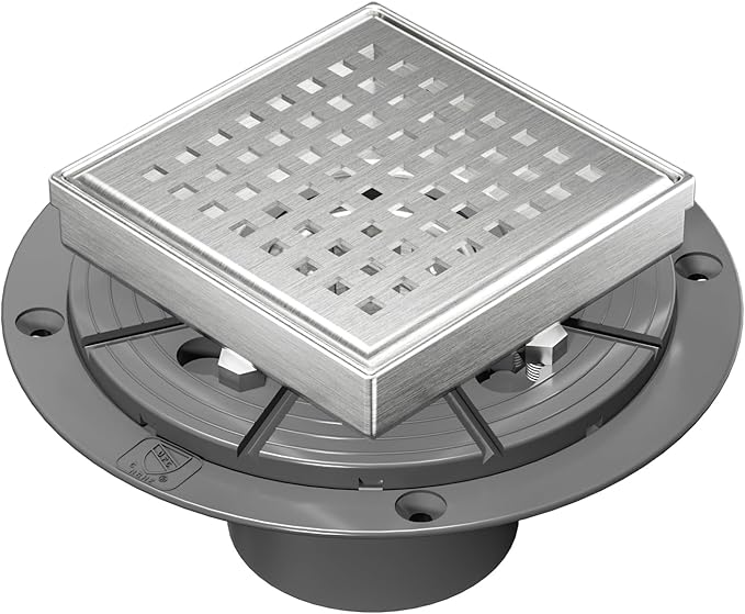 Neodrain 4-Inch Square Shower Drain with Removable Quadrato Pattern Grate, PVC Shower Drain Base and Rubber Gasket for Bathroom Floor Drain, Brushed 304 Stainless Steel, Includes Hair Strainer