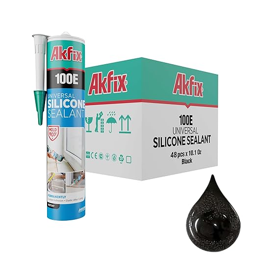 Akfix 100E RTV Black Silicone Caulk (48x10.1 fl.oz.) - 100% Waterproof Silicone Sealant for Kitchen and Bathroom, Shower, Toilet, Sink, Window and Door, No Yellowing | Black, 48 Pack