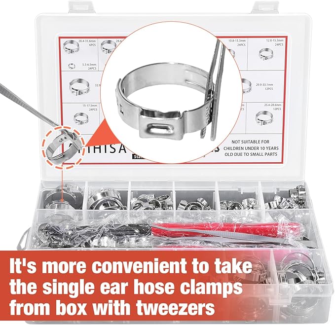 AKIHISA 360Pcs 16 Sizes Single Ear Hose Clamps, 5.3-36.1mm Stainless Steel_304 Crimp Hose Clamps Cinch Rings Assortment Kit for Automotive, Pipe, Plumbing