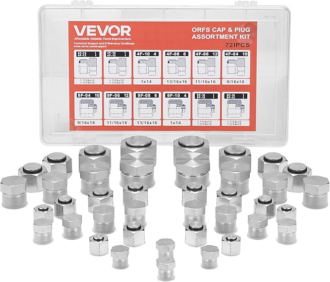 VEVOR 72 PCS ORFS Hydraulic Fittings, O Ring Face Seal Fitting Kit, Hydraulic Hose Tube and Pipe Fittings, Cap and Plug Set for Hydraulics, O Ring Assortment Kit Precision Thread, Sizes 4 6 8 10 12 16