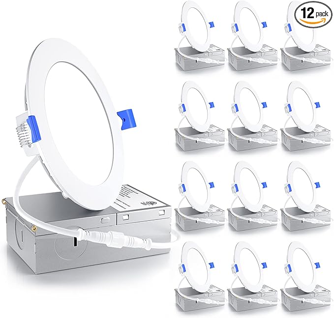 Ensenior 12 Pack 4 Inch LED Recessed Ceiling Light, Dimmable, 4000K Cool White, 750LM 9W 120V, High Brightness Canless Wafer Downlight - ETL&FCC&IC
