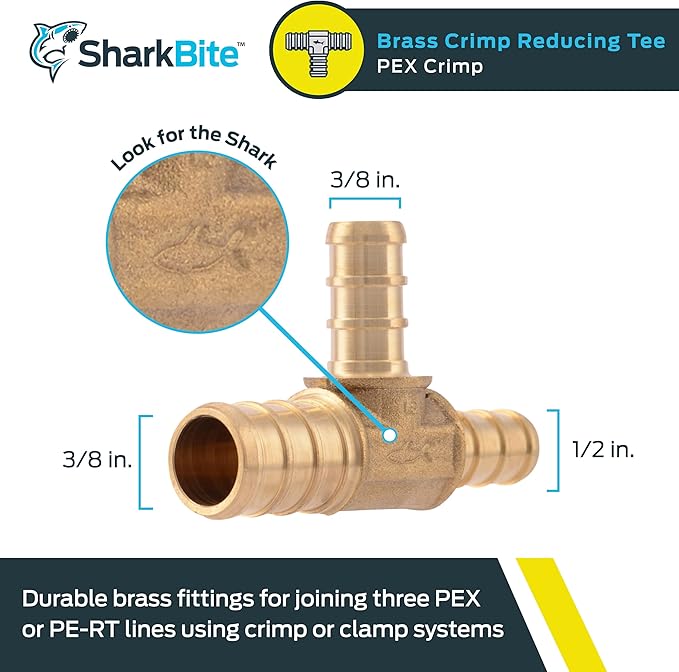 SharkBite 1/2 Inch x 3/8 Inch x 3/8 Inch Crimp Reducing Tee, Brass Plumbing Fitting, PEX Pipe, PE-RT, UC452LFA