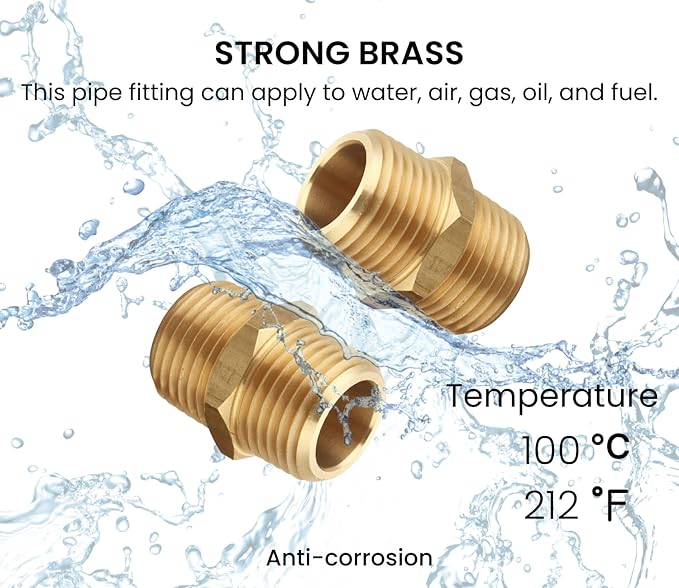 3/4 Inch NPT Brass Nipple Male Pipe Fitting Adapter, Hex Nipple, (3/4 inch x 3/4 inch NPT Male, 2 Piece), Straight Connector Pipe Fitting, Thread 1" OD to 1" OD