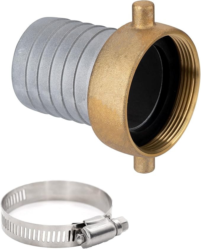 EASTRANS Aluminum Female Hose Fitting with Brass Nut, 1.5 inch Pin Lug Hose Shank Coupling with 1 Clamp