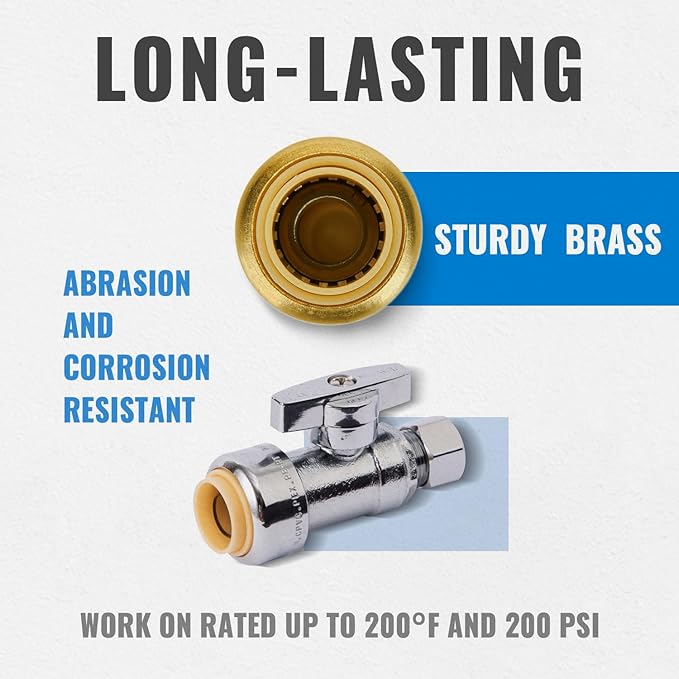 Straight Stop Valve, 2-Pack SUNGATOR Straight Water Shut Off Valve 1/2 x 1/4 Inch Compression, Toilet Water Shutoff, 1/4 Turn, No Lead Brass Push to Connect Plumbing Fitting, PEX Pipe, Copper, CPVC