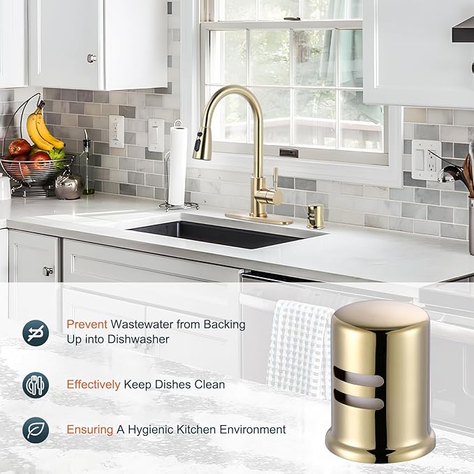 Dishwasher Air Gap Cover, Dishwasher Air Gap Cap for Kitchen Sink, Solid Brass Dishwasher Overflow Vent Cap Replacement Kit, Polished Brass
