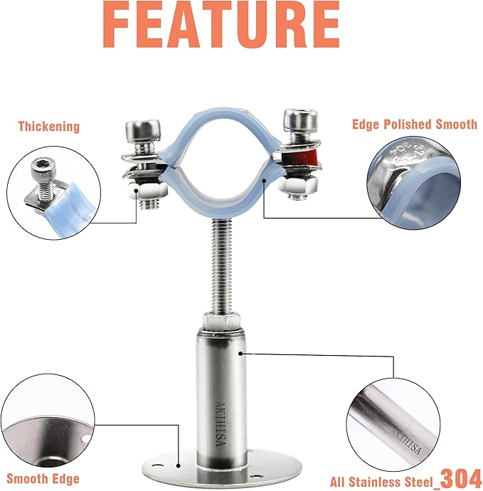 AKIHISA 2 Pcs 304 Stainless Steel Pipe Supports, Wall Mount Ceiling Mount Pipe Hanger, Pipe Holder for OD Pipe 15-19MM Adjustable Height Range 100-200mm