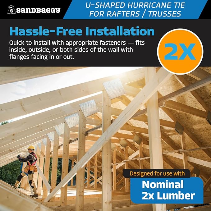 Sandbaggy U-Shaped Hurricane Tie - Hot Dipped Galvanized, 18 Gauge - Structural Wood Framing Connectors for Rafters, Trusses, Deck Joists (U-Shaped, 200, Count)