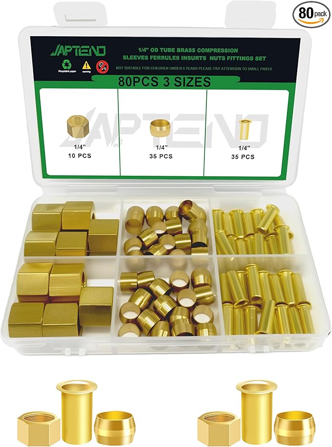 80pcs 1/4" Brass Compression Sleeves Ferrules Inserts Nuts Fittings Assortment Kit, Air Hose Ferrules Kit of Air Water Fuel Oil Gas Tube Lines