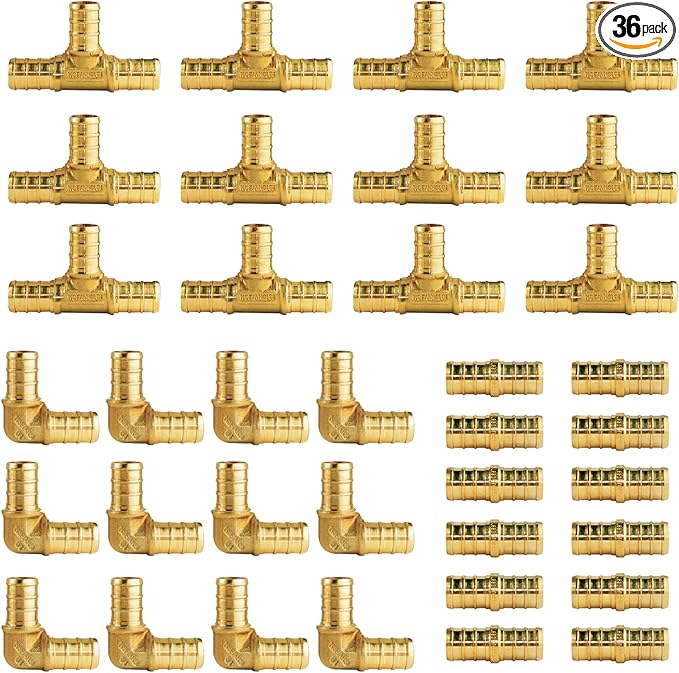 WiseWater 36 Pcs Pex Fittings, 1/2 inch T PEX Tee(12PCS) & 90 Degree Elbow & Straight Coupling, Brass Barb Crimp Pipe Fitting for Pex Pipe(Pack of 36), UPC Certified