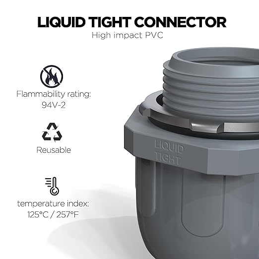 Conduit Connectors, 1/2 Inch Liquid Tight Connector NPT Non-Metallic for PVC Electrical Flexible Conduit Fittings, 180 Degree Straight, UL Listed for Home Outdoor Tubes Tools, Grey (10-Pack)