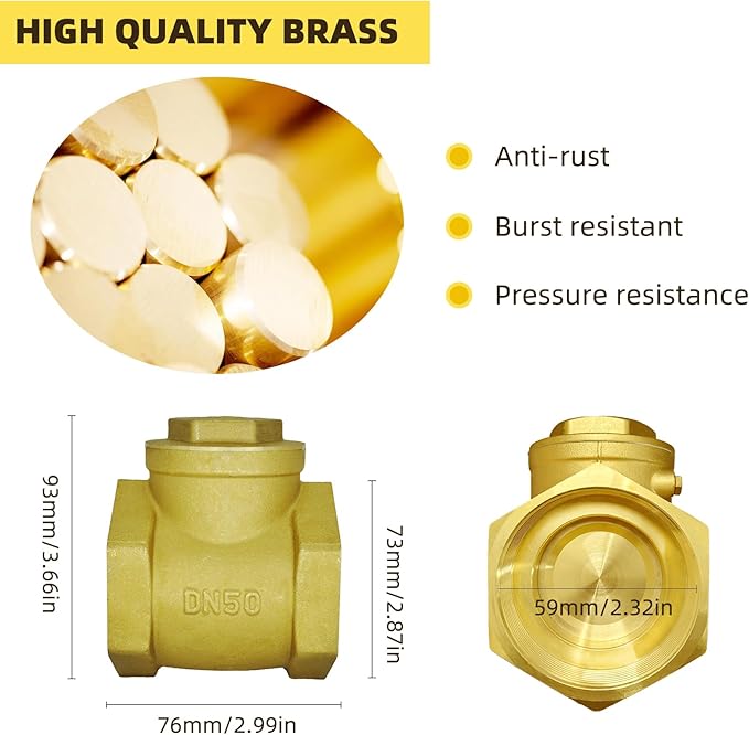 2" NPT Swing Brass Check Valve DN50, 2 NPT Female Thread Horizontal One Way Check Valve to Prevent Water Backflow for Sump Pump and Air Compressor
