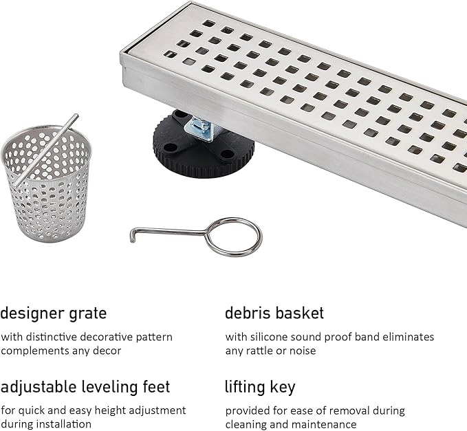 Linear Shower Floor Drain, Brushed Nickel 28 Inch 304 Stainless Steel Bathroom Drains Kit, Long Rectangular Shower Trench Drain with Square Pattern Drain Cover & Hair Catcher