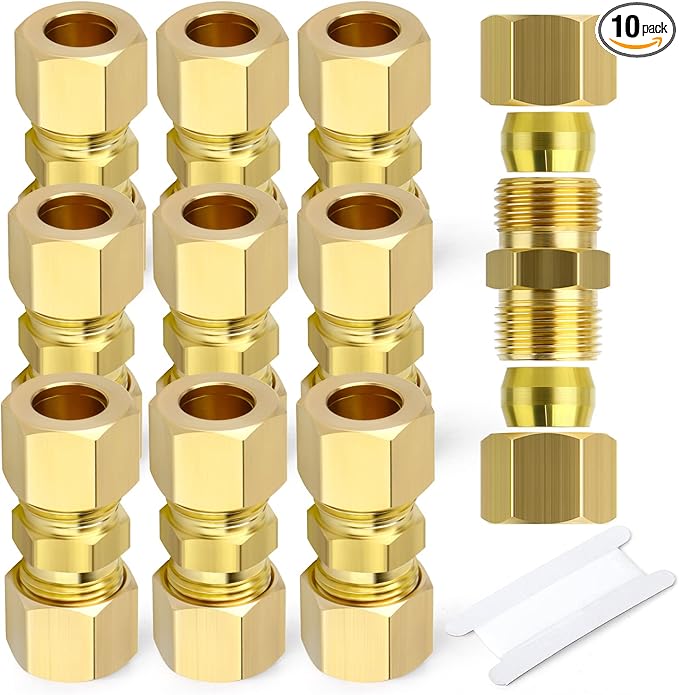 GASHER 10PCS Brass Compression Tube Pipe Fitting Connector, 3/8" Tube OD x 3/8" Tube OD Connector