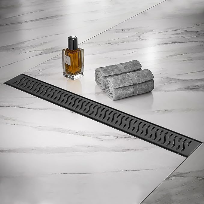 Linear Shower Drain 28 inch, Floor Drain with Removable Pattern Grate, 304 Stainless Steel Rectangular Linear Drain with Hair Strainer, CUPC Certified, Matte Black, SD-103