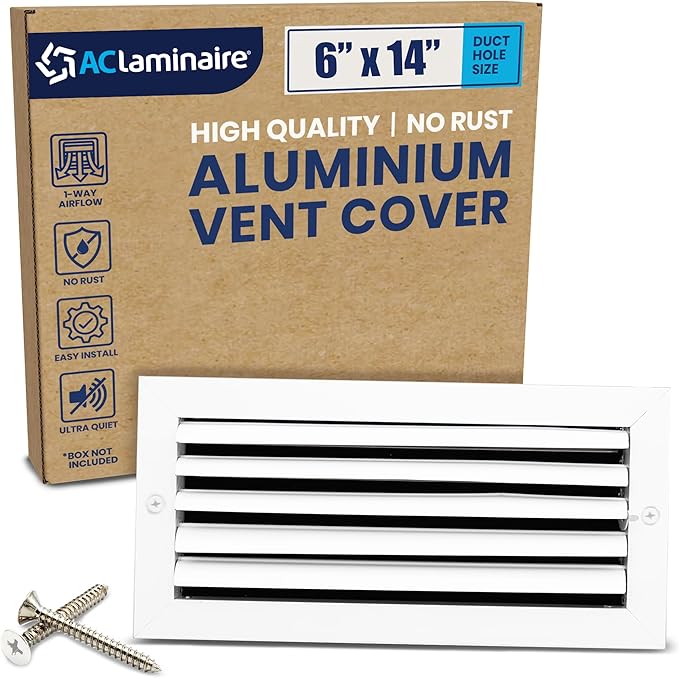 6x14 Inch (Duct Opening) Aluminum 1-Way Air Flow Vent – HVAC Vent Cover for Wall or Ceiling – Quiet HVAC Wall Register with Multi-Shutter Damper – Adjustable Curved Blade - Plastic Seal for Tight Fit