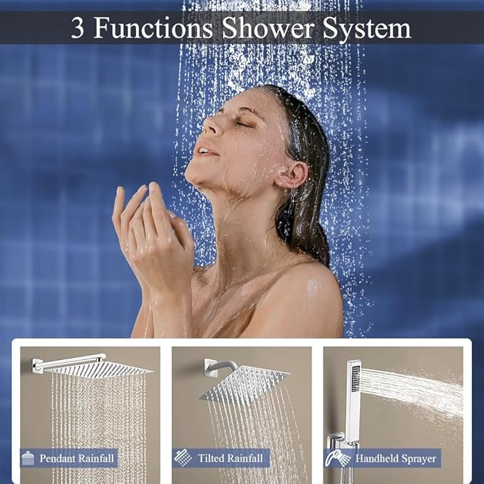 Shower Faucet Set Polished Chrome Shower System, Knob Switch Diverter Shower Faucet with High Pressure Handheld Spray, Wall Mount 12 Inch Shower Head with 6 Inch Wall Mount Shower Head