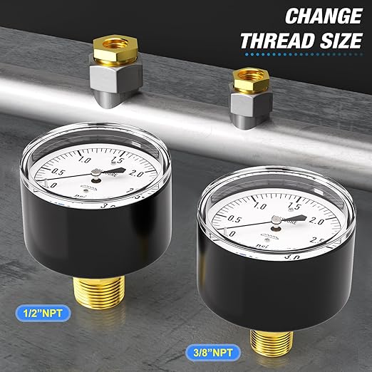 MEANLIN MEASURE 0-3psi Diaphragm Type Capsule Low Pressure Gauge 1/4" NPT 2-1/4" FACE DIAL Adjustable Water Column Gauge, with 1/4" x 1/2" NPT and 1/4" x 3/8" NPT Hex Bushing, Back Mount
