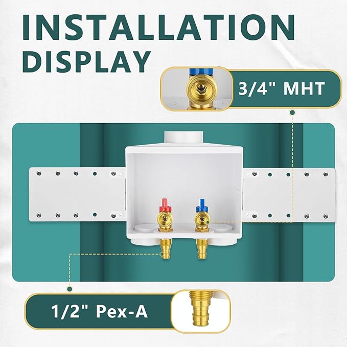 (Pack of 2) Niikappu Washing Machine Outlet Box, 1/2 Inch Pex-A Inlet x 3/4 Inch MHT Outlet Connection, Washer Box with Double Drains