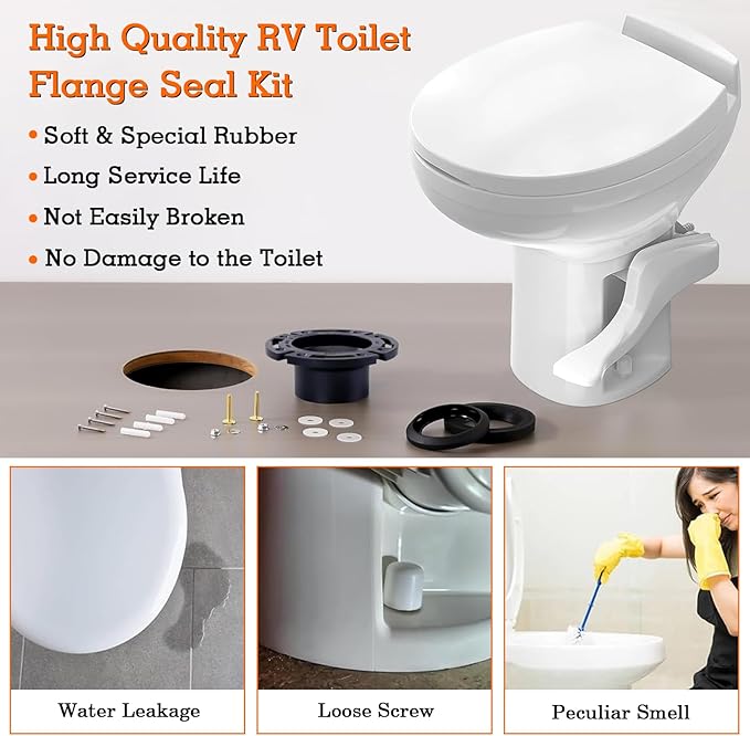 RV Toilet Seal with 3 Inch Socket Floor Flange Kit for 300/310/320 RV Toilets, Replaces 385345892 RV Floor Flange, 385311658 Flush Seal and 385311652 Base Seal, 3 in 1 Combo Kit
