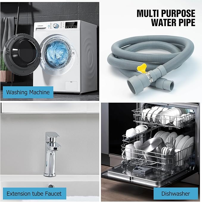 6.6 Feet Universal Washing Machine Drain Hose Flexible Dishwasher Drain Hose Extension Kits Corrugated Washer Hose w/ 1 Adapter 2 Hose Clamps 1 U-Bend Hose Holder
