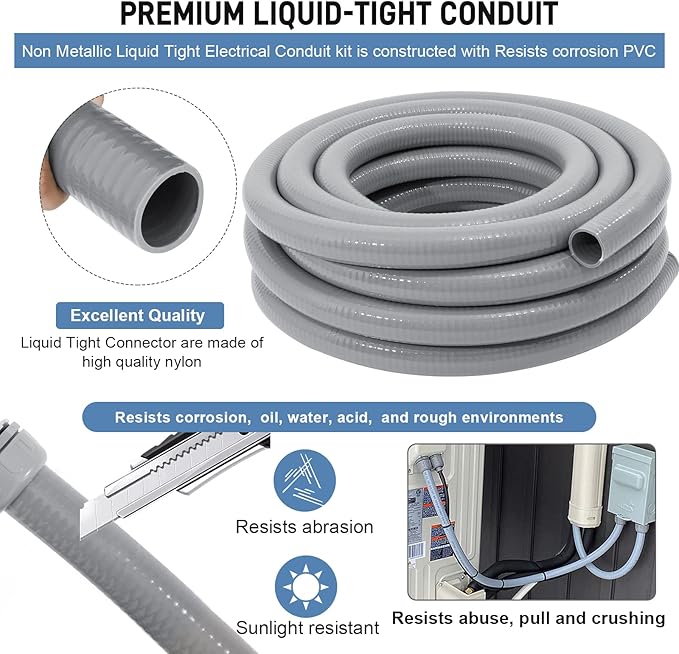 DWALE Liquid-Tight Conduit and Connector Kit,Flexible Non Metallic Liquid Tight Electrical Conduit,1-1/2inch50ft Electrical Conduit Kit,with 4Straight and 3 Angle Fittings Included,1-1/2 in. Dia