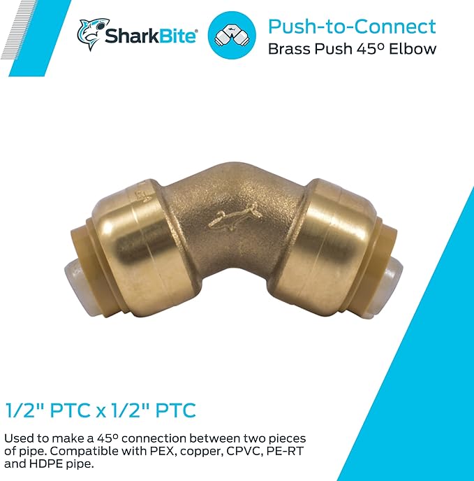 SharkBite 1/2 Inch 45 Degree Elbow, Push to Connect Brass Fitting, PEX Pipe, Copper, CPVC, PE-RT, HDPE, U648LFA
