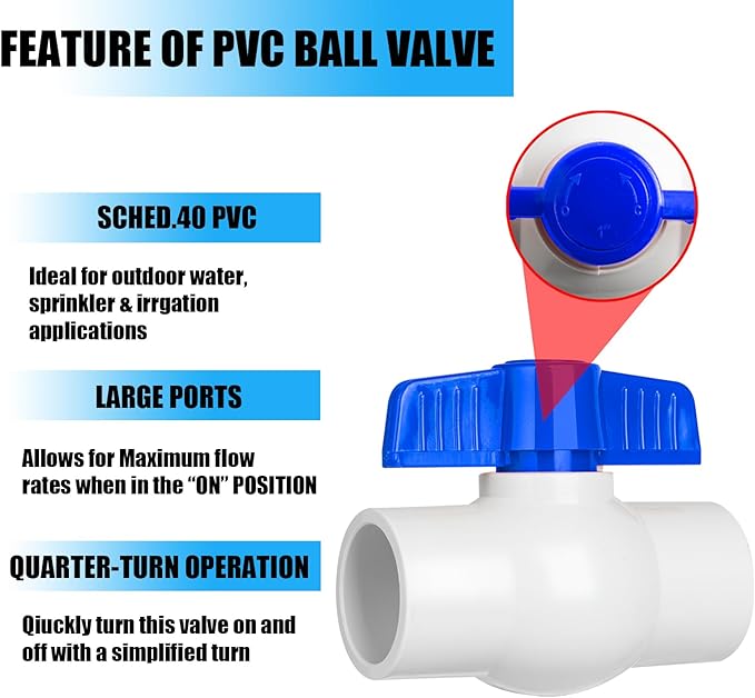 8PCS 3/4" PVC Ball Valve, Shut-Off Ball Valves Socket with Easy Turn Blue T-Handles, Slip PVC Valve for Water Project, Swimming Pool, Sewage Pump, Sprinkler Lines, Outdoor Plumbing & Irrigation System