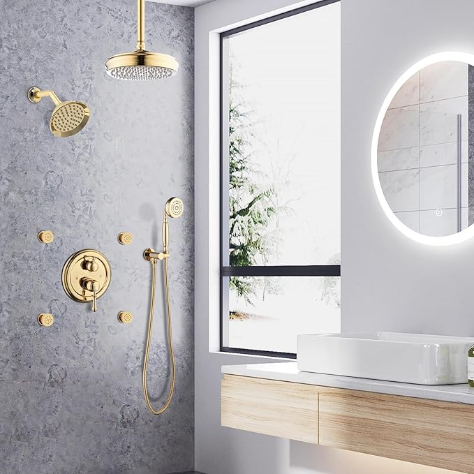 Enga Antique Shower Faucet Sets Dual Heads with 4 Body Jets, 8" + 6" Ceiling & Wall Mount Vintage Shower Head with Handheld Spray Combo, 4 Way Diverter Brass Valve, Bright Gold