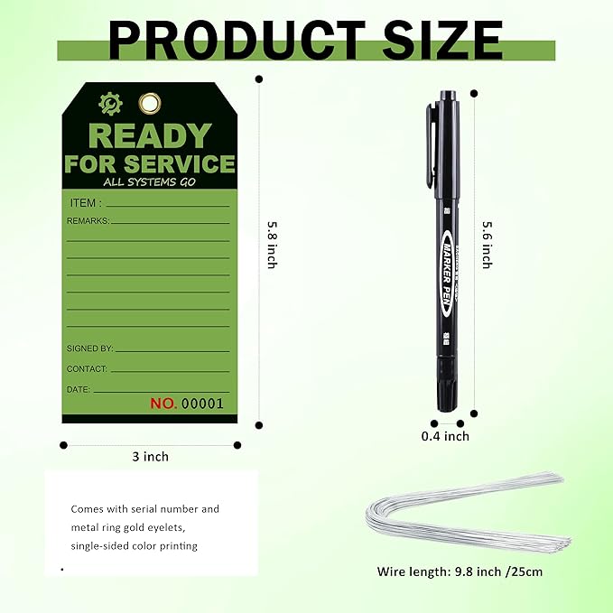 200 Pcs Ready for Service Tags 3 x 5.75 Inch with Serial Number Service Repair Green Tag with 10 Inch Wire Status Notice Tags Equipment Tag Designed for Factories (200)