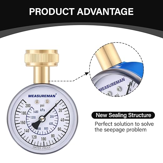 MEASUREMAN Blue 0-200 PSI Water Pressure Gauge, 2-1/2'' Dial, Hose bib Pressure Gauge, Home Water Pressure Tester, Durable 3/4” Hose Thread, Water Pressure Gauge for Home