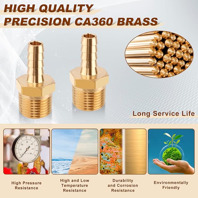 5pcs Brass Hose Barb Fittings 3/8 Inch Barb to 1/2 Inch NPT Male Thread Air Hose Fittings Adapter Connector Water Fuel Air Line Fittings 3/8” Barb × 1/2” NPT Brass Fittings