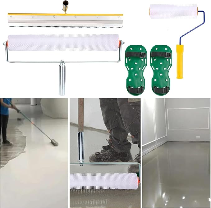 Professional Self-Levelling Cement Tool Kit - Self Leveling Tools with 22" Stainless Steel Rake, 2 Spike Roller, Spike Shoes & Gloves for Concrete/Epoxy Floor Leveling