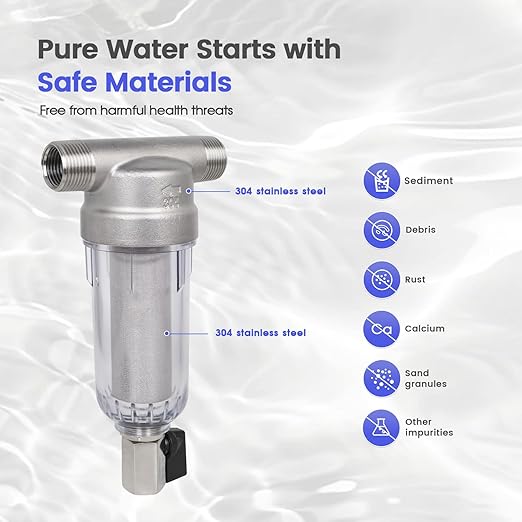 Amwater 304 Stainless Steel 40 Micron Spin Down Water Filter, Whole House Spin Down Sediment Water Filter, Reusable Flushable Pre-Filtration System, 3/4" MNPT + 1/2" FNPT