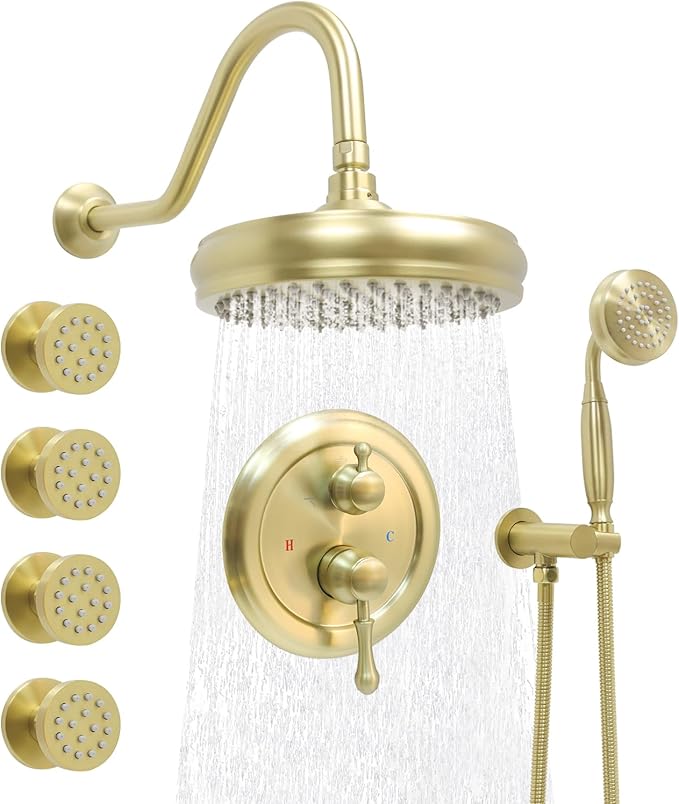 Enga Antique Shower Faucet Sets 8 inch Rainfall Head with Body Jets Handheld Spray Fixtures Combo, Brass 3 Way Diverter Rough in Valve Trim Kit, Brushed Gold